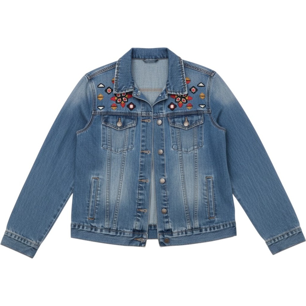 Velvet Heart Denim Embroidered Trucker Jacket Medium Wash Blue OCF-4352E
